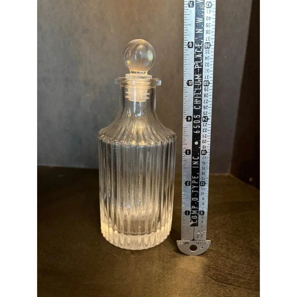 Vintage Ribbed Clear Glass Decanter with Round Ball Stopper 6.5 Inch